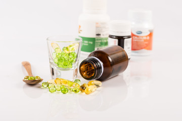 close up Evening primrose oil capsule,supplementary food