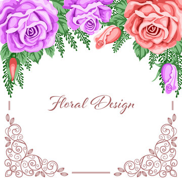 Background with flowers and lace frame for wedding invitation, save the date or bridal shower card. Vector Illustration in retro style