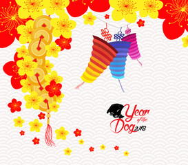 Oriental Chinese New Year background with lantern, tea and cake. Year of the dog
