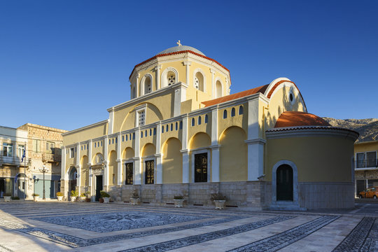 Church in the central square in Kalymnos town, Greece.
