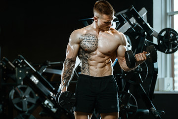 Handsome model young man training arms in gym