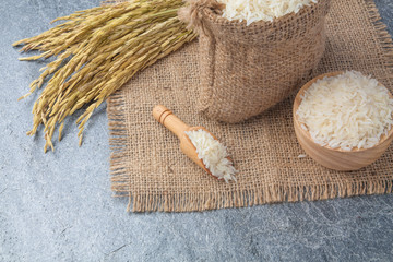 thai fragrant jasmine rice in a bowl with gold spike