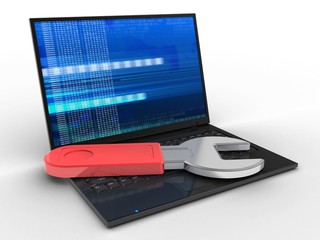 3d laptop computer and wrench