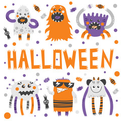 Vector set of scary, but cute halloween monsters with toothy smiles. Funny colorful characters with different emotions. Traditional halloween sweets and candies.  - 170108158