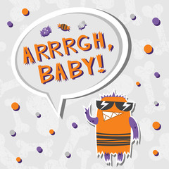 Vector background with shabby bones seamless pattern. Scary, but cute halloween monster with toothy smile and slang words ARRRGH, BABY! Traditional halloween sweets and candies.  - 170108177