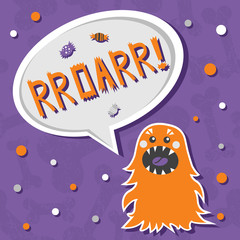 Vector background with shabby bones seamless pattern. Scary, but cute fluffy halloween monster hungry for sweets with toothy smile. Speech bubble with slang RROARR! Speech bubble with words.  - 170108191