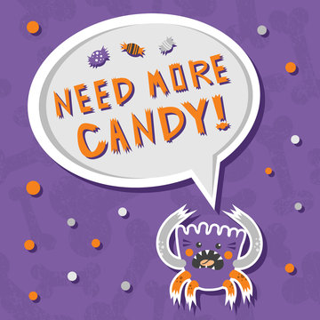 Vector background with shabby bones seamless pattern. Scary, but cute halloween monster hungry for sweets with toothy smile. Good for invitations, banners and other holiday stuff.