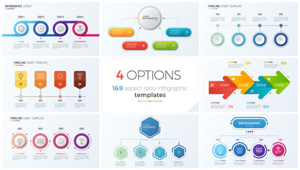 Collection of eight vector templates for infographics with 4 options, steps, processes