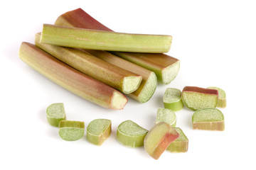 Chopped rhubarb stem isolated on white background cutout