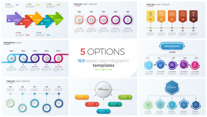 Collection of eight vector templates for infographics with 5 options, steps, processes