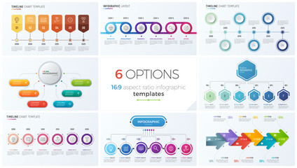 Collection of eight vector templates for infographics with 6 options, steps, processes