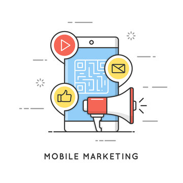 Mobile marketing, e-commerce, internet advertising and promotion. Flat line art style concept. Vector banner, icon, illustration. Editable stroke.