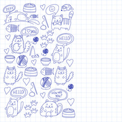 Cute kittens Cat icons Kids drawing Children drawing Doodle domestic cats for veterinary, cattery, zoo, kindergarten, pre-school Cat's nursery