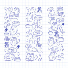 Cute kittens Cat icons Kids drawing Children drawing Doodle domestic cats for veterinary, cattery, zoo, kindergarten, pre-school Cat's nursery