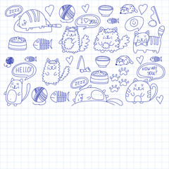 Cute kittens Cat icons Kids drawing Children drawing Doodle domestic cats for veterinary, cattery, zoo, kindergarten, pre-school Cat's nursery
