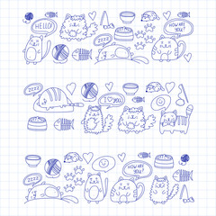 Cute kittens Cat icons Kids drawing Children drawing Doodle domestic cats for veterinary, cattery, zoo, kindergarten, pre-school Cat's nursery