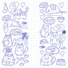 Cute kittens Cat icons Kids drawing Children drawing Doodle domestic cats for veterinary, cattery, zoo, kindergarten, pre-school Cat's nursery