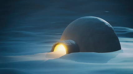 igloo with warm light from inside 3d illustration - obrazy, fototapety, plakaty