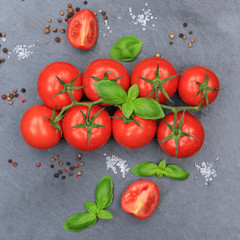 Tomaten Tomate rot Gemüse quadratisch Schiefertafel von oben