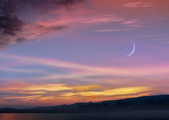 Sunset and new moon . Paradise heaven  . Against the background of clouds . beautiful sky .  peaceful sky for the Muslim . Against the background of clouds .