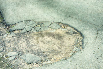 Background texture road pothole pothole with puddles on asphalt road close-up hdr