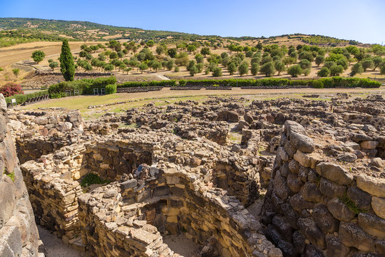 Barumini, Sardinia, Italy. Ruins of the nuragic archeological complex of Su Nuraksy di Barumini. UNESCO World Heritage List