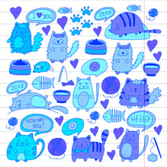 Cats vector Domestic cute kawaii kittens Japanese kawaii style Cartoon cats playing Illustratrion for pet shop, veterinary, cattery, wallpaper, kindergarten Kids drawing Children drawing style