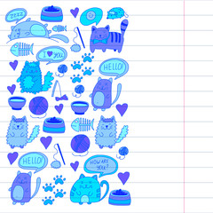 Cats vector Domestic cute kawaii kittens Japanese kawaii style Cartoon cats playing Illustratrion for pet shop, veterinary, cattery, wallpaper, kindergarten Kids drawing Children drawing style