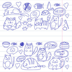 Cats vector Domestic cute kawaii kittens Japanese kawaii style Cartoon cats playing Illustratrion for pet shop, veterinary, cattery, wallpaper, kindergarten Kids drawing Children drawing style