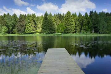 Beautiful landscape with a wooden pier on a lake neara forest. In the mirror surface of the water reflects the blue sky.