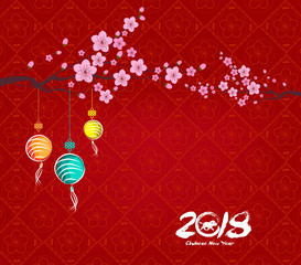 Chinese new year 2018, background with lantern and plum blossom. Year of the dog