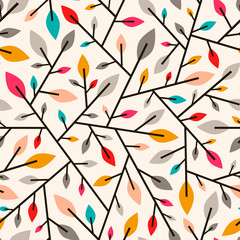 Seamless geometric pattern of autumn leaves and twigs