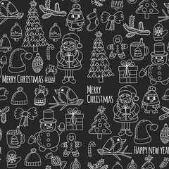 Christmas Xmas New year Christmas icons for backgrounds, decoration, patterns, cards, ornaments Doodle christmas tree with lights and balls New year celebration and party with bear and Santa Claus