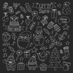 Christmas Xmas New year Christmas icons for backgrounds, decoration, patterns, cards, ornaments Doodle christmas tree with lights and balls New year celebration and party with bear and Santa Claus