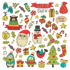 Seamless Christmas Xmas New year Christmas icons for backgrounds, decoration, patterns, cards, ornaments Doodle christmas tree with lights and balls New year celebration and party with Santa Claus