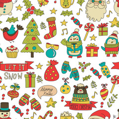 Seamless Christmas Xmas New year Christmas icons for backgrounds, decoration, patterns, cards, ornaments Doodle christmas tree with lights and balls New year celebration and party with Santa Claus
