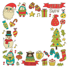 Christmas Xmas New year Christmas icons for backgrounds, decoration, patterns, cards, ornaments Doodle christmas tree with lights and balls New year celebration and party with bear and Santa Claus