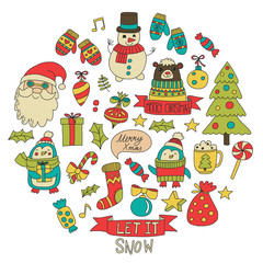 Christmas Xmas New year Christmas icons for backgrounds, decoration, patterns, cards, ornaments Doodle christmas tree with lights and balls New year celebration and party with bear and Santa Claus