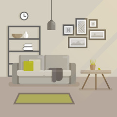 Scandinavian interior design flat illustration. Modern minimal room interior. Sofa with pillows, set of pictures on the wall, bed table with a flowerpot