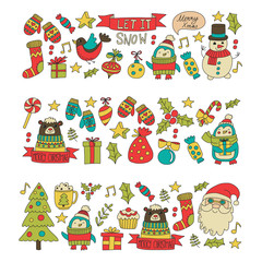Christmas Xmas New year Christmas icons for backgrounds, decoration, patterns, cards, ornaments Doodle christmas tree with lights and balls New year celebration and party with bear and Santa Claus