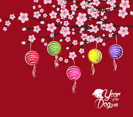 traditional chinese new year. Blossom and lantern background. Year of the dog