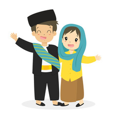 Fototapeta na wymiar Indonesian boy and girl wearing Betawi, Jakarta traditional dress, cartoon vector illustration