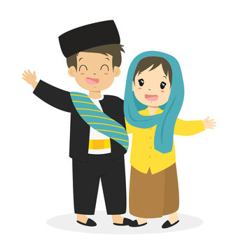 Indonesian boy and girl wearing Betawi, Jakarta traditional dress, cartoon vector illustration