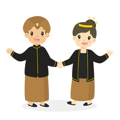Indonesian boy and girl wearing Javanese traditional dress and holding hand, cartoon vector illustration