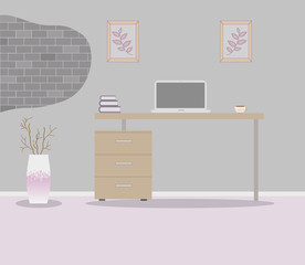 Office in loft style on a gray background. Vector illustration Table with drawers,decorative branches in a beautiful vase floor, cute paintings.Cup with coffee,laptop,books. 