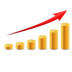 Increasing piles of coins with going up graph. Concept for financial growth. Vector illustration
