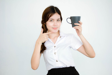 Portrait of thai adult student university uniform beautiful drinking coffee