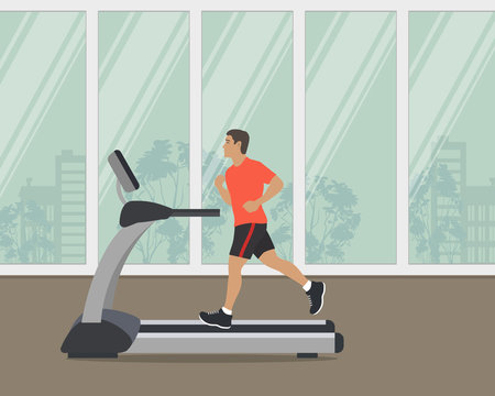 Young man in a sporty uniform is running on a treadmill on a window background. Vector illustration.