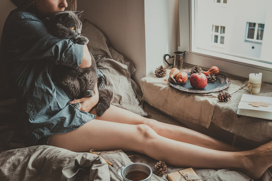 Cozy Home. Woman With Cute Cat Sitting In Bed By The Window