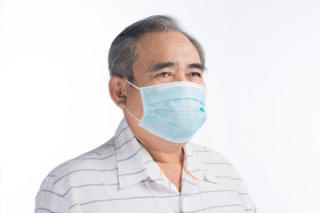 Asian senior man with face mask isolated on white